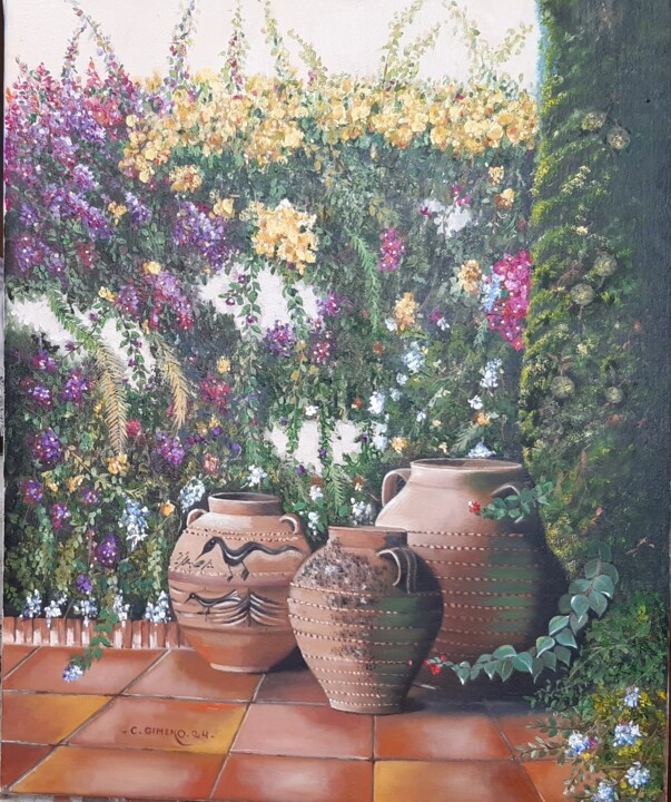 Peinture intitulée "Jardín con jarras" par Carmen Gimeno Piquer, Œuvre d'art originale, Huile Monté sur Châssis en bois