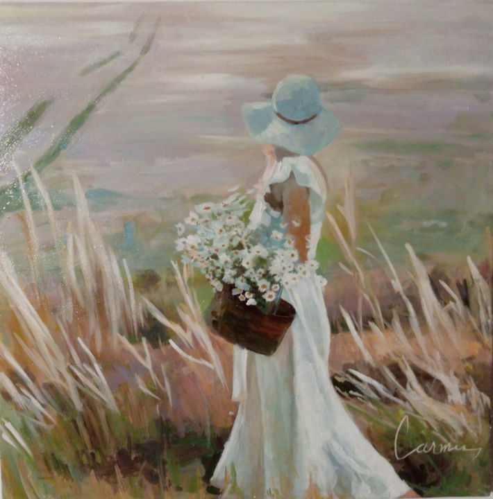 Painting titled "Picking flowers" by Carmen Sandulescu, Original Artwork, Acrylic