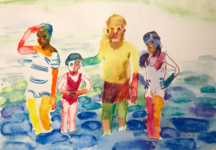 Rysunek zatytułowany „La plage verte” autorstwa Carmen Selma, Oryginalna praca, Akwarela