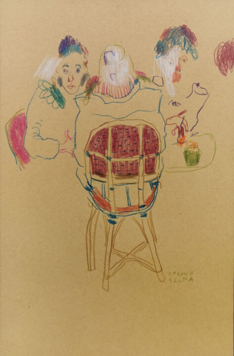 Dessin intitulée "Un café de Paris" par Carmen Selma, Œuvre d'art originale, Crayon