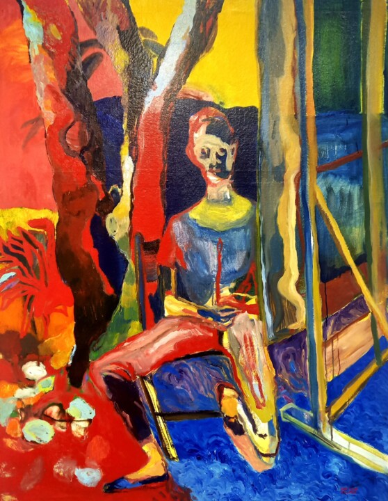 Картина под названием "Autoportrait face a…" - Carmen Selma, Подлинное произведение искусства, Масло Установлен на Деревянна…