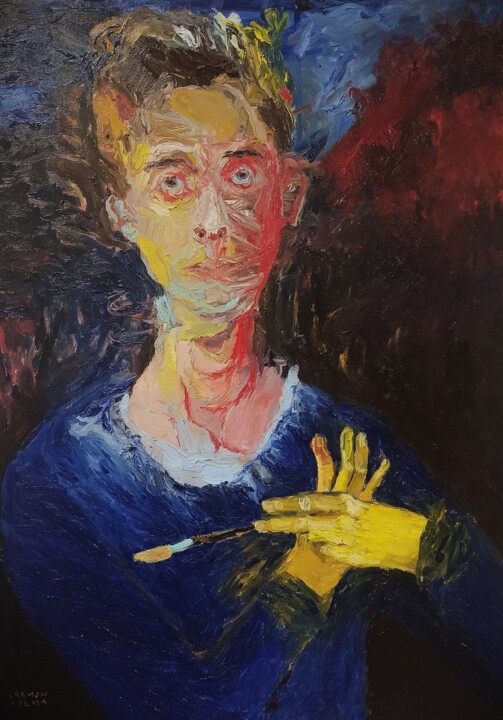 Painting titled "Autoportrait et le…" by Carmen Selma, Original Artwork, Oil Mounted on Wood Stretcher frame