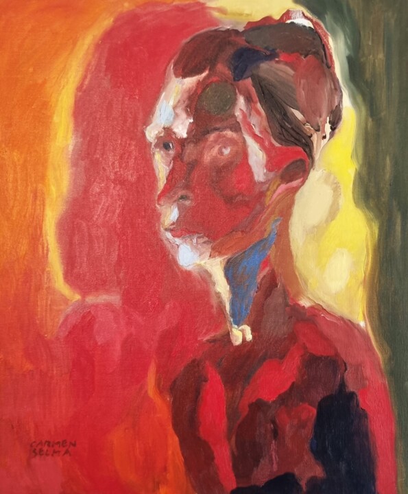 Картина под названием "Autoportrait rouge" - Carmen Selma, Подлинное произведение искусства, Масло Установлен на Деревянная…