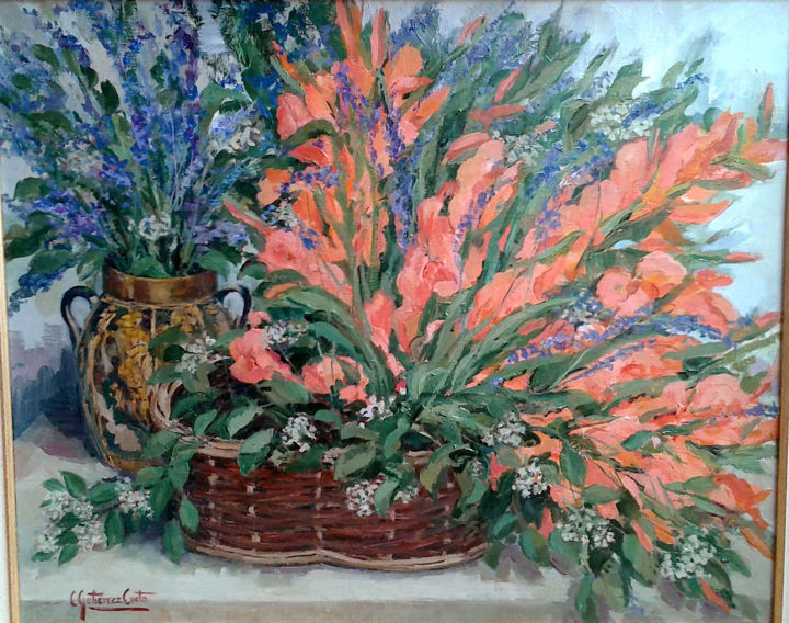 Pintura titulada "N18 Gladiolos y flo…" por Carmen Gutierrez Cueto, Obra de arte original, Oleo