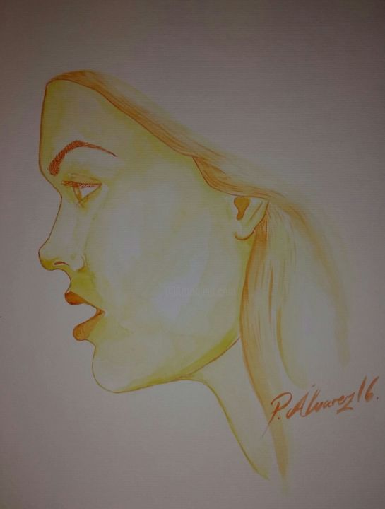 Painting titled "FACE to FACE Yellow" by P.Alvarez, Original Artwork, Watercolor