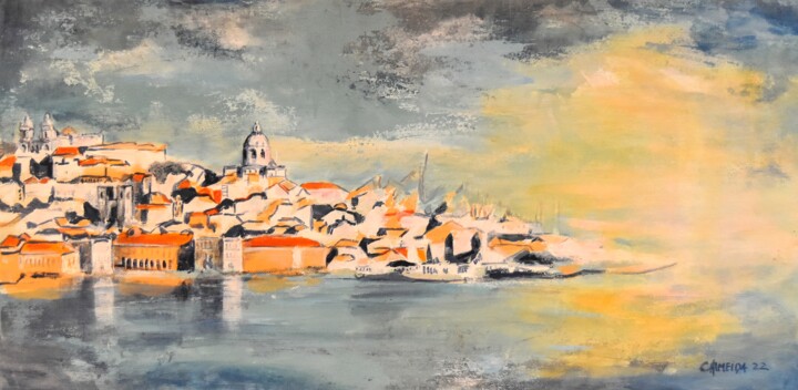Pintura intitulada "Lisboa vista do Tejo" por Carmo Almeida, Obras de arte originais, Acrílico