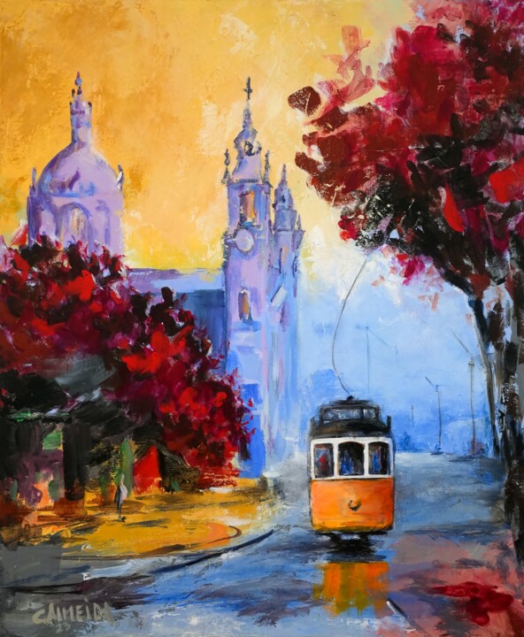 Pintura intitulada "Lisbon Tram by Estr…" por Carmo Almeida, Obras de arte originais, Acrílico Montado em Armação em madeira