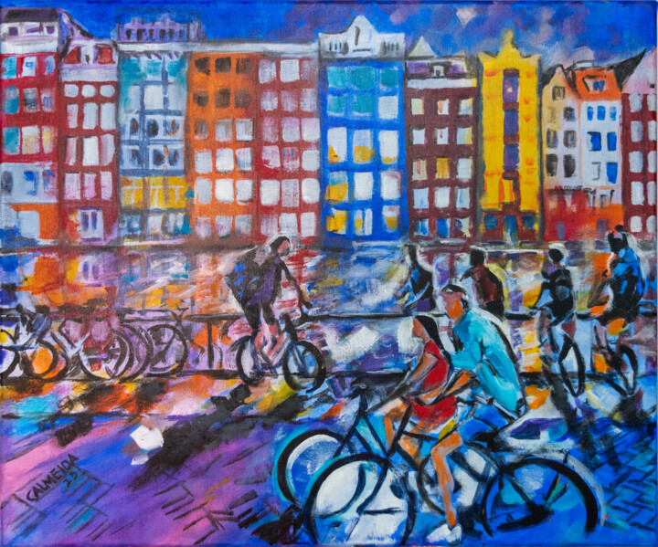 Painting titled "Amsterdam Bikes" by Carmo Almeida, Original Artwork, Acrylic Mounted on Wood Stretcher frame