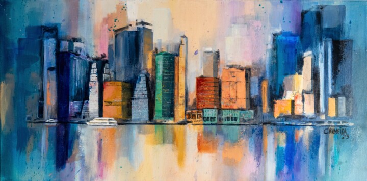 Painting titled "NY Skyline" by Carmo Almeida, Original Artwork, Acrylic Mounted on Wood Stretcher frame