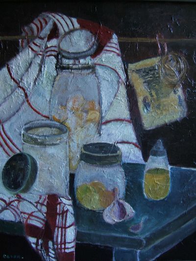 Painting titled "Nature morte au tor…" by Odile Caron, Original Artwork, Oil