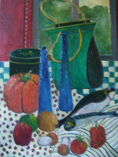 Painting titled "Nature Morte aux po…" by Odile Caron, Original Artwork, Oil