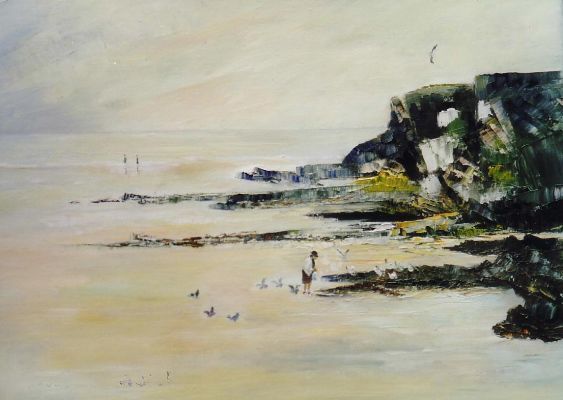 Painting titled "Plage aux mouettes" by Odile Caron, Original Artwork, Oil