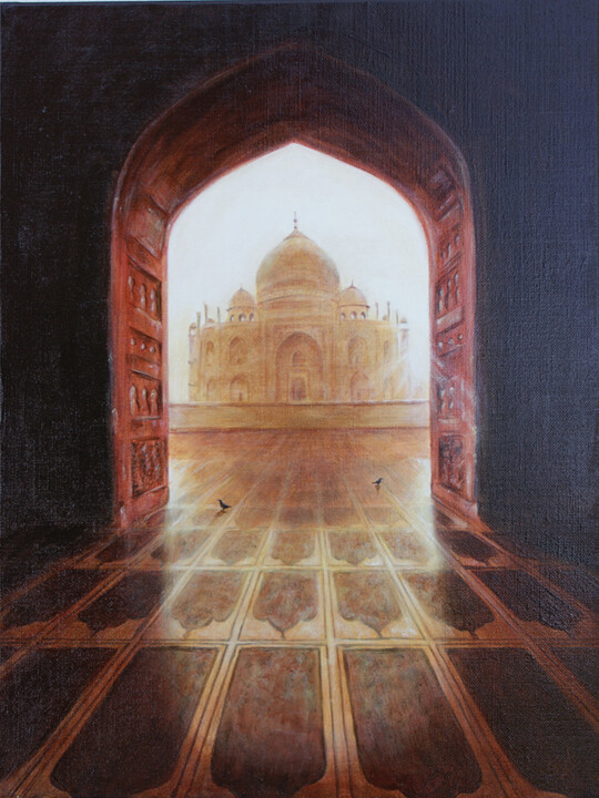 Peinture intitulée "Taj Mahal vu de la…" par Carol Hougue, Œuvre d'art originale, Acrylique