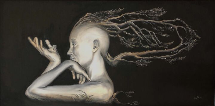 Malerei mit dem Titel "Yggdrasils Kopf" von Carola Eleonore Thiele, Original-Kunstwerk, Öl