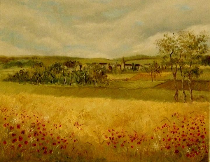 Peinture intitulée "champs de Sart." par Carole Closkin, Œuvre d'art originale, Huile