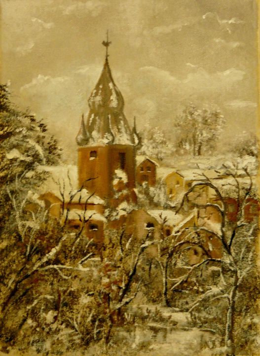 Peinture intitulée "hiver au village" par Carole Closkin, Œuvre d'art originale, Huile
