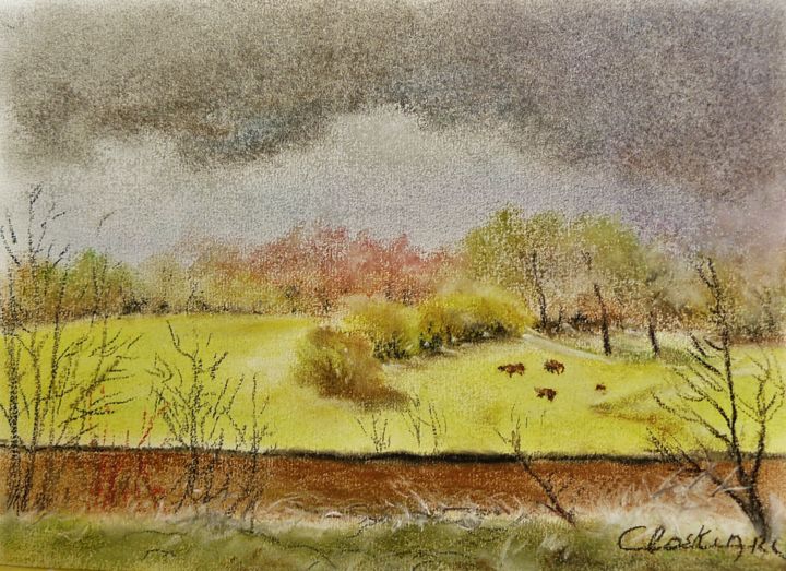 Schilderij getiteld "Paysage Limousin" door Carole Closkin, Origineel Kunstwerk, Pastel