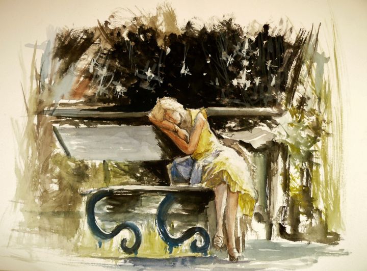 Painting titled "Le repos de Flo." by Carole Closkin, Original Artwork, Watercolor