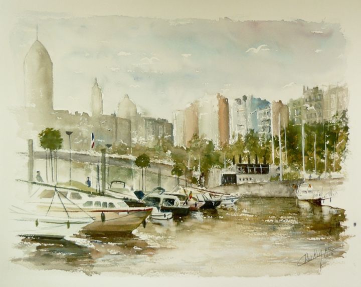 Painting titled "Port des yachts de…" by Carole Closkin, Original Artwork, Watercolor