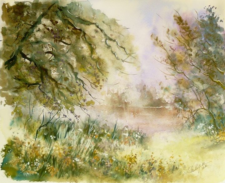 Schilderij getiteld "Sur le lac" door Carole Closkin, Origineel Kunstwerk, Aquarel