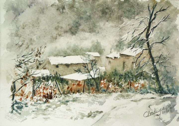 Painting titled "Village dans la nei…" by Carole Closkin, Original Artwork, Watercolor