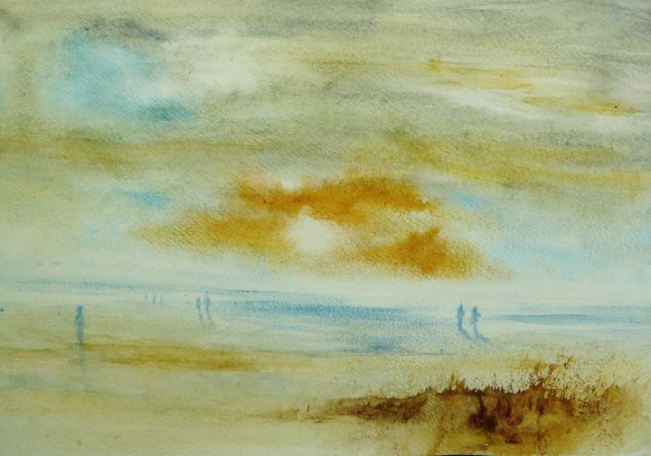 Painting titled "plage" by Carole Closkin, Original Artwork, Watercolor
