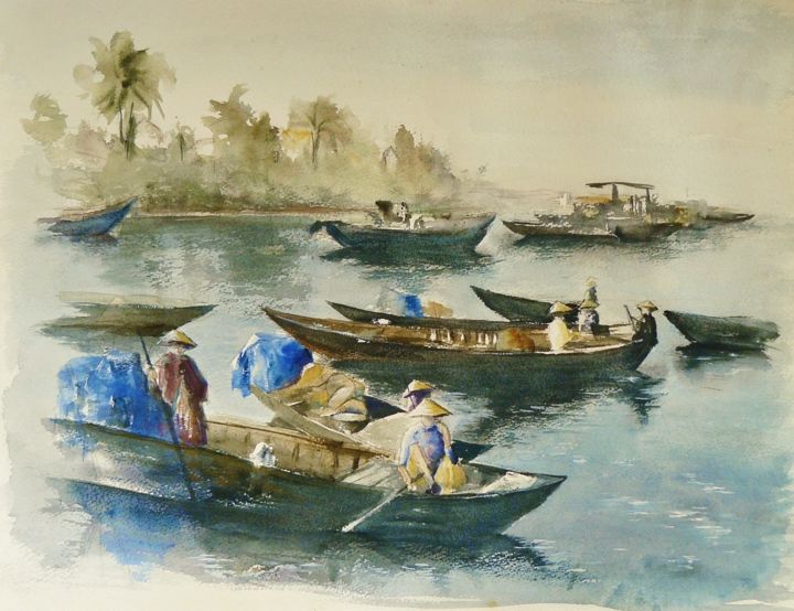 Painting titled "scène du Vietnam" by Carole Closkin, Original Artwork, Watercolor