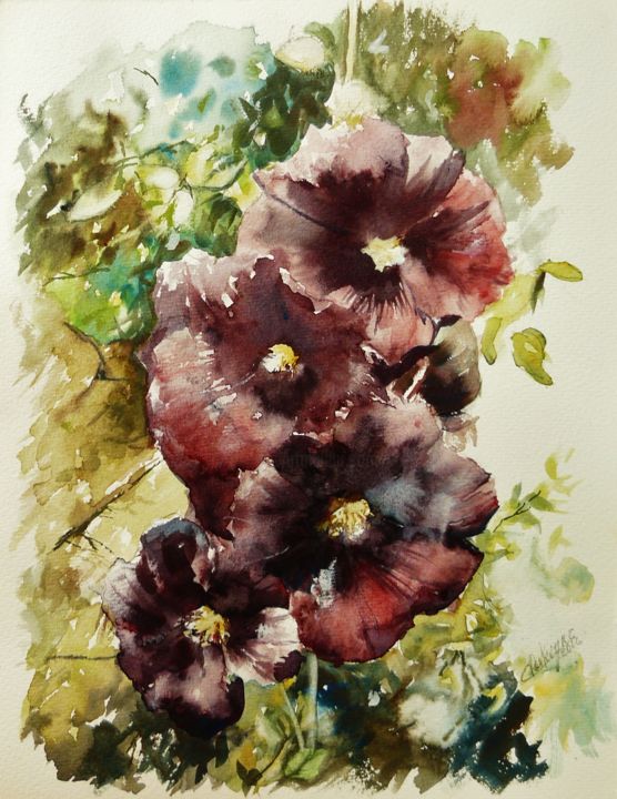 Schilderij getiteld "Rose trémière" door Carole Closkin, Origineel Kunstwerk, Aquarel