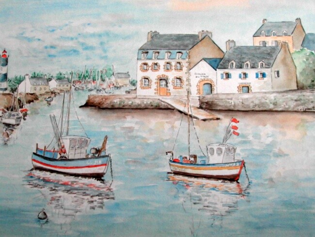 Painting titled "Port de Doëlan, Bre…" by Carole D'Eyssautier, Original Artwork, Watercolor