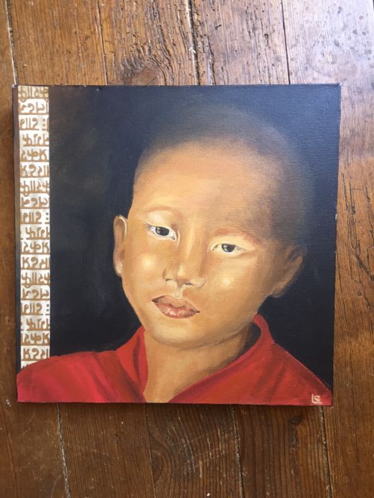 Malerei mit dem Titel "Enfant tibétain" von Carole Légeron, Original-Kunstwerk, Öl