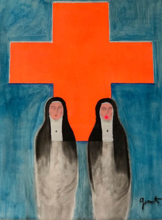 Peinture intitulée "Les religieuses" par Gimet, Œuvre d'art originale, Pastel Monté sur Châssis