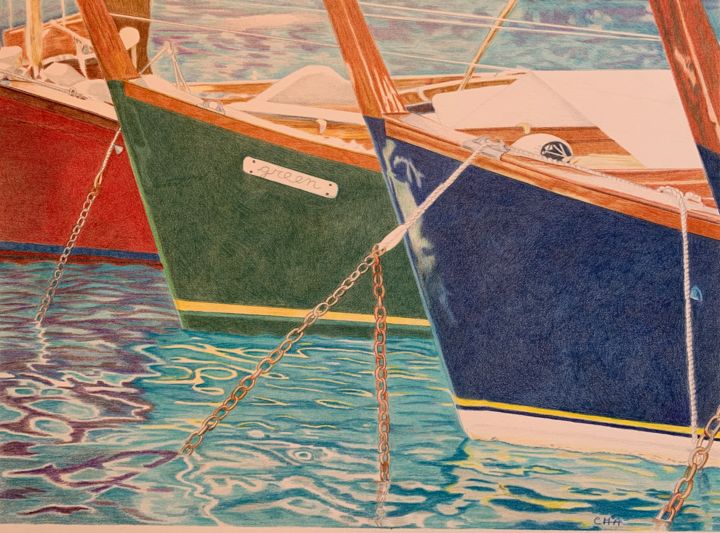Рисунок под названием "Boats at Anchor" - Carole Mcalpine, Подлинное произведение искусства, Карандаш