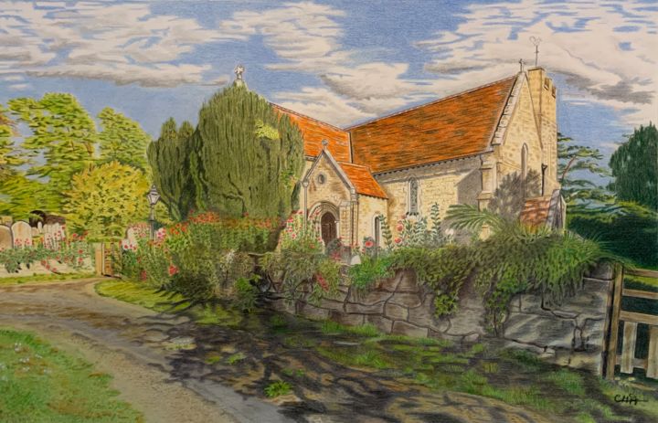 Рисунок под названием "Village Church, Cal…" - Carole Mcalpine, Подлинное произведение искусства, Карандаш