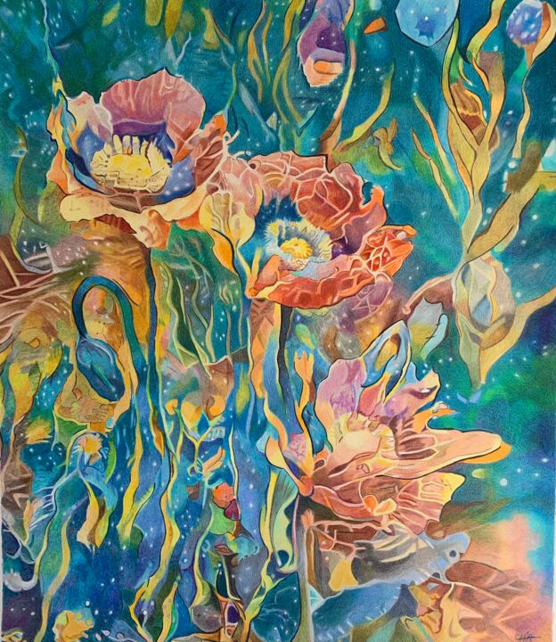 Painting titled "Fantacy Flower 6 “O…" by Carole Mcalpine, Original Artwork, Pencil