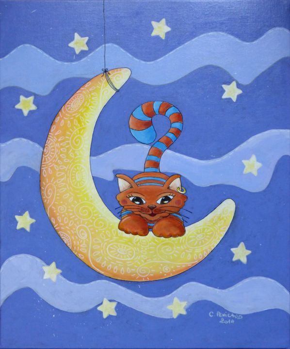 Peinture intitulée "Un chat dans la lune" par Carole Penicaud, Œuvre d'art originale, Acrylique