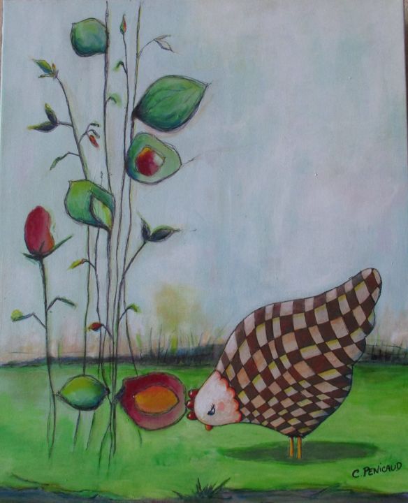Peinture intitulée "Une poule Vichy" par Carole Penicaud, Œuvre d'art originale, Acrylique