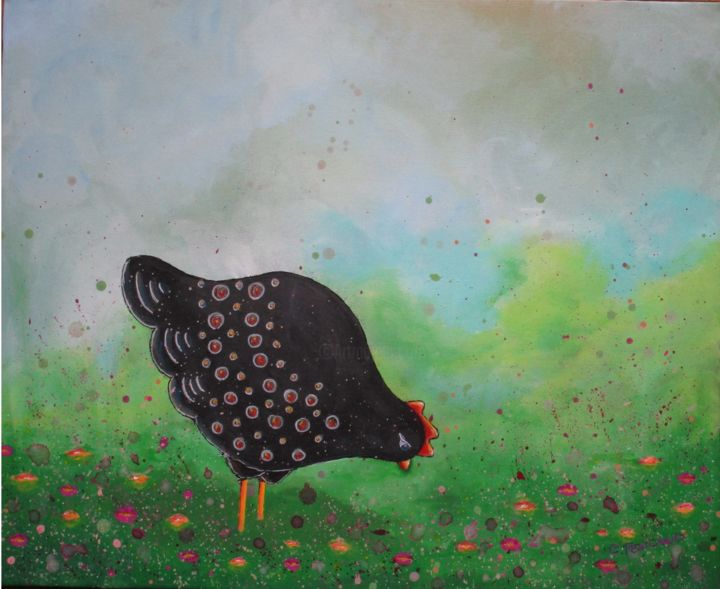 Peinture intitulée "Une poule dans un c…" par Carole Penicaud, Œuvre d'art originale, Acrylique