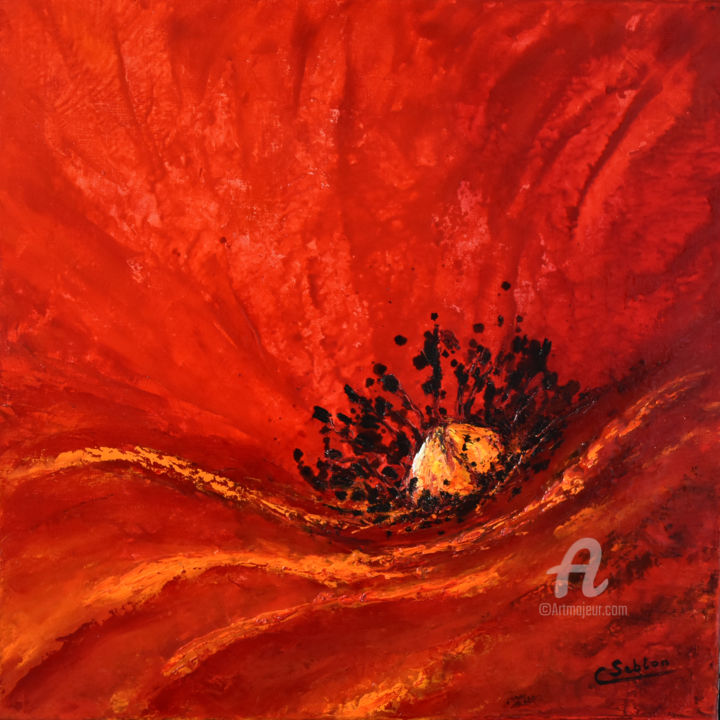 Painting titled "coquelicot" by Carole Sebton, Original Artwork, Oil Mounted on Wood Stretcher frame