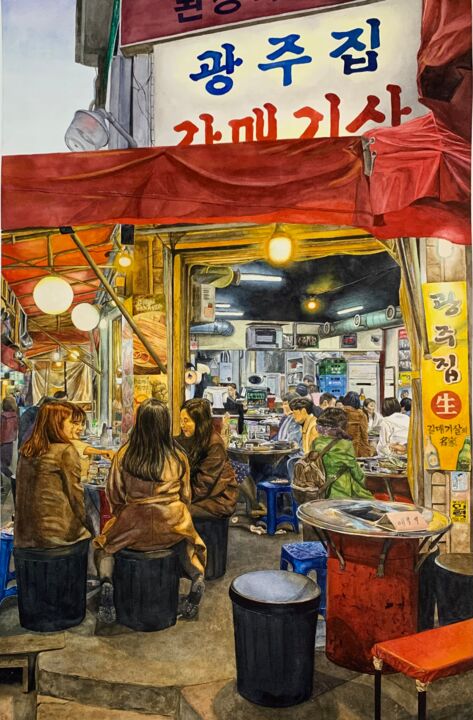 Pittura intitolato "Dinner in Insa-dong…" da Carolina Costabeber, Opera d'arte originale, Acquarello