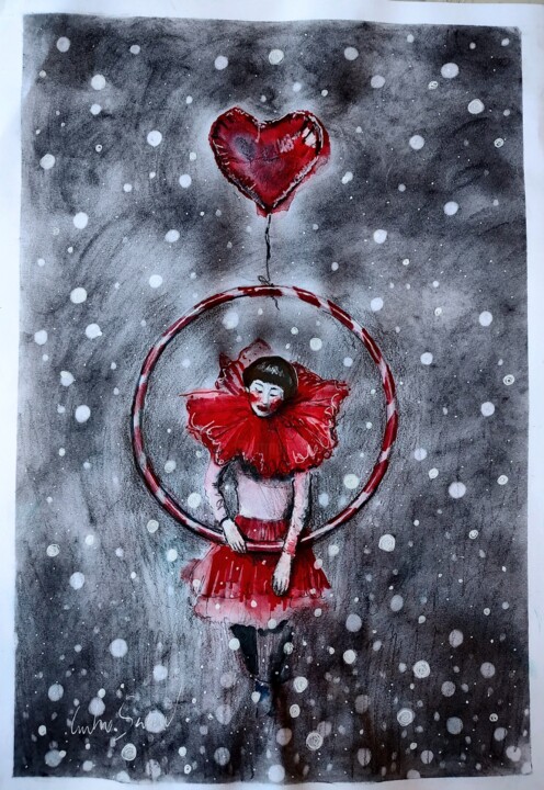 Schilderij getiteld "Girl with balloon" door Carolina Saidenberg, Origineel Kunstwerk, Grafiet