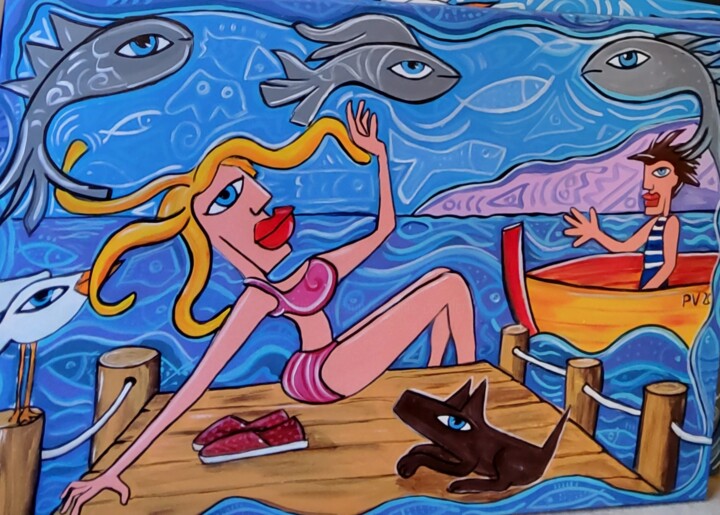 Malerei mit dem Titel "Sur le ponton" von Caroline Cavalier, Original-Kunstwerk, Acryl