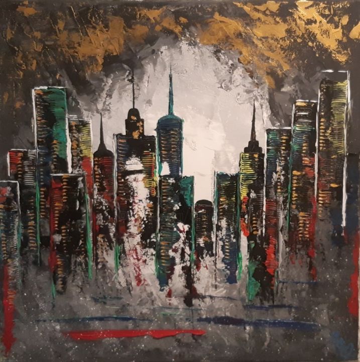 Painting titled "A new town" by Caroline Colomina, Original Artwork, Oil Mounted on Wood Stretcher frame