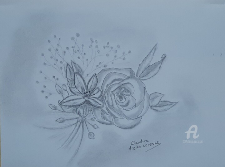 Drawing titled "Flowers" by Caroline Lefebvre, Original Artwork, Pencil