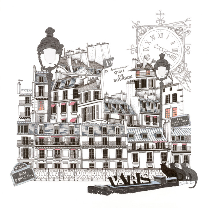 Rysunek zatytułowany „19 quai de Bourbon” autorstwa Caroline Lopez, Oryginalna praca, Ołówek