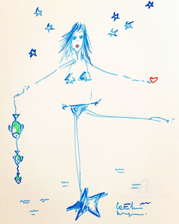 Disegno intitolato "Petite étoile dans…" da Caroline Montigneaux, Opera d'arte originale, Pennarello