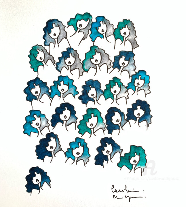 Dessin intitulée "Bleu … si peu …" par Caroline Montigneaux, Œuvre d'art originale, Encre