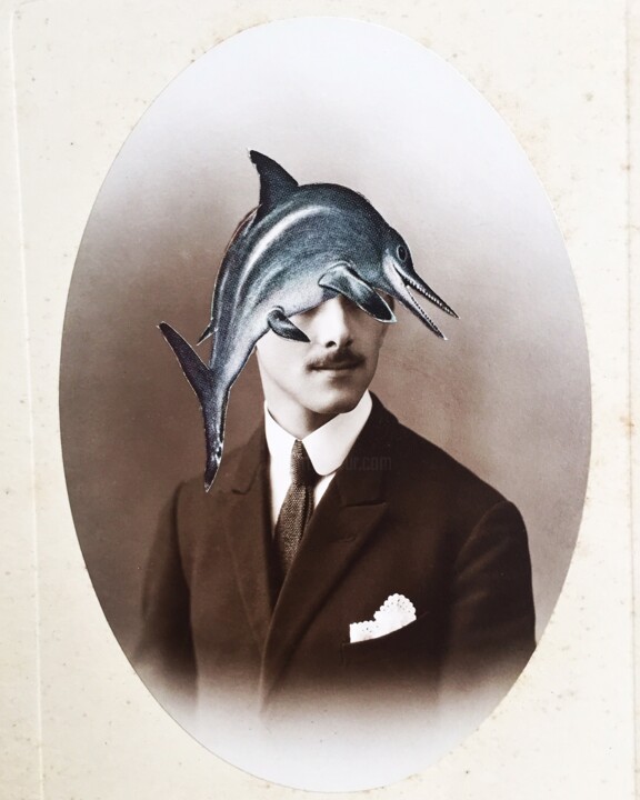 Collagen mit dem Titel "fish'man" von Caroline Thunus, Original-Kunstwerk, Collagen Auf Glas montiert