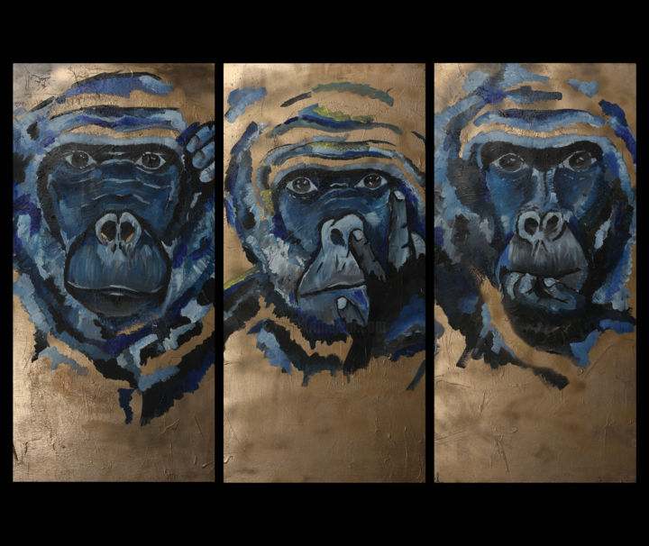 Schilderij getiteld "Triptyque gorille.j…" door Caroline Franche, Origineel Kunstwerk, Acryl