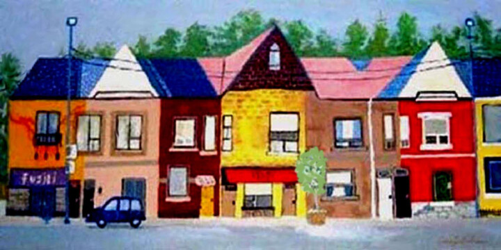 Painting titled "Queen St E" by Carolyn   A. Debnam, Original Artwork, Acrylic Mounted on Wood Stretcher frame