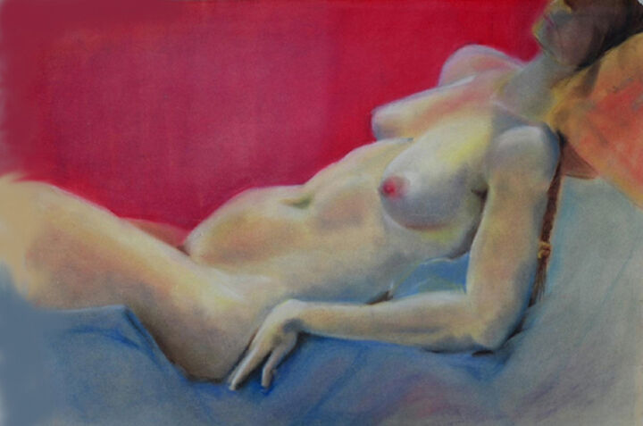 Drawing titled "Reclining Pastel" by Carolyn   A. Debnam, Original Artwork, Pastel Mounted on Wood Stretcher frame